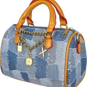 Mini Small Denim Purse Jean Boston Barrel Bags Quilted Checkered Top Handle Canv